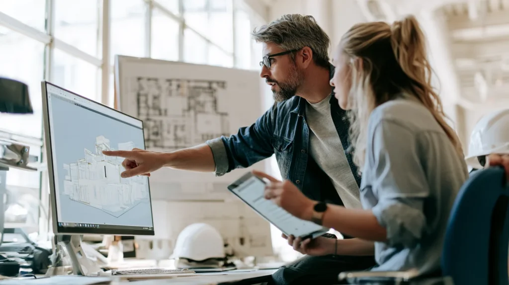 A BIM coordinator and a site engineer reviewing element properties on a building model on screen.