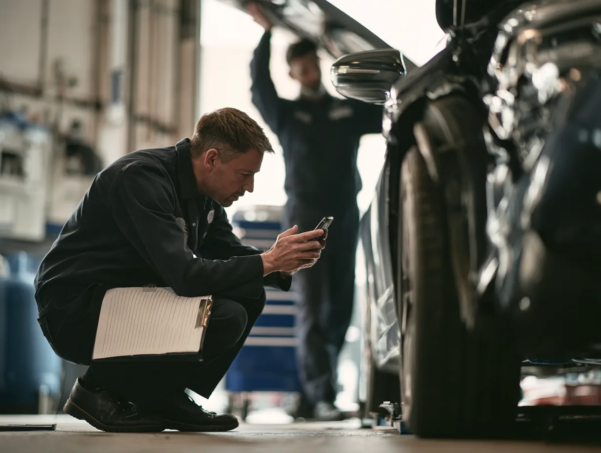 A loss adjuster photographing a dented car door while assessing an insurance claim.