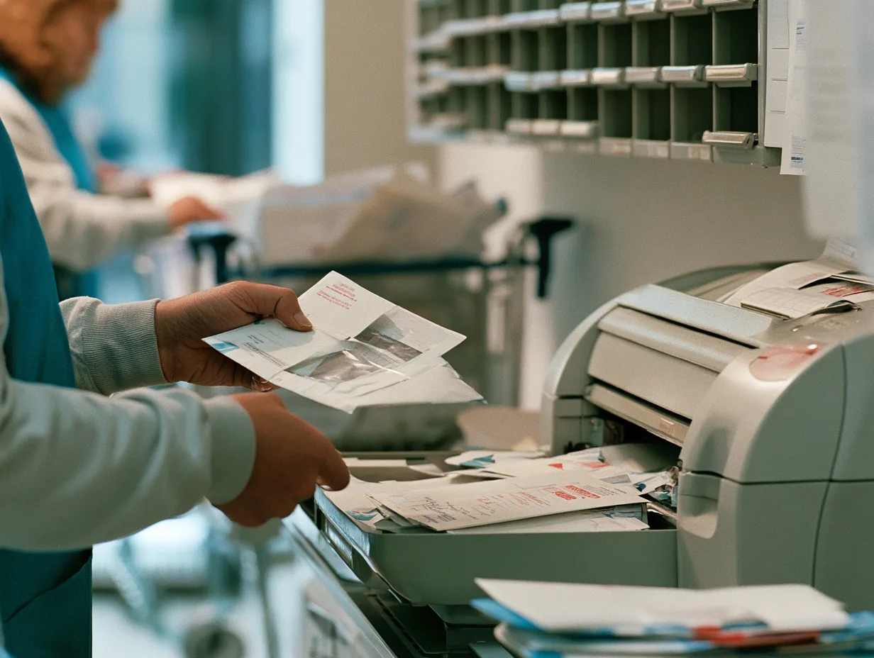 Staff folding and franking policy renewal packs in an insurer's mail room.