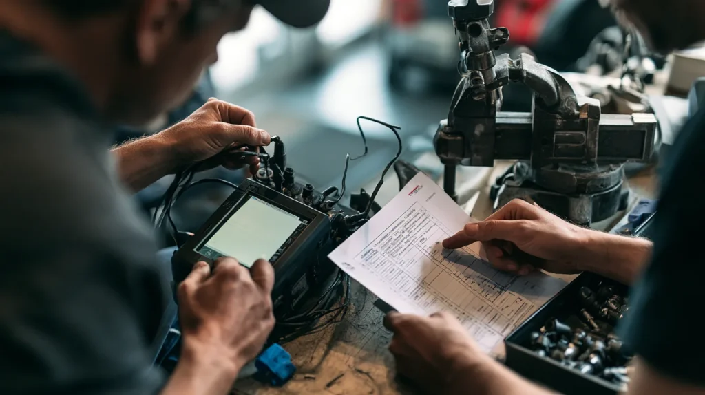 A technician connecting an ISOBUS terminal to test task controller functions in a workshop.