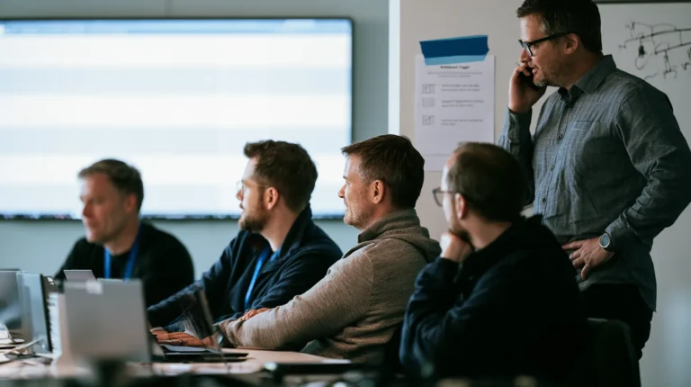 A migration team in a cutover war room watching a replication-lag dashboard, one engineer holding a phone ready to call a rollback.