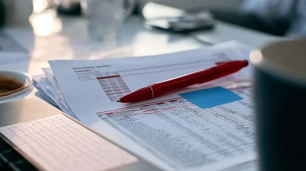 Layered reconciliation reports, a row-count summary and a field-level diff, stacked on a migration engineer's desk.
