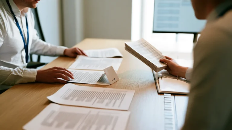 Two distribution engineers laying out printed message sample sheets in sequence across a long desk, the Offer to Order message flow behind an airline NDC integration
