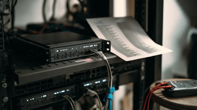 A small pinning-node server on a rack shelf beside a printed content-hash reference sheet, with ethernet cables running to it.