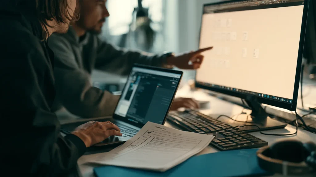 Two engineers watching an indexer's grid of item cards refresh after triggering a batched metadata-reveal transaction.
