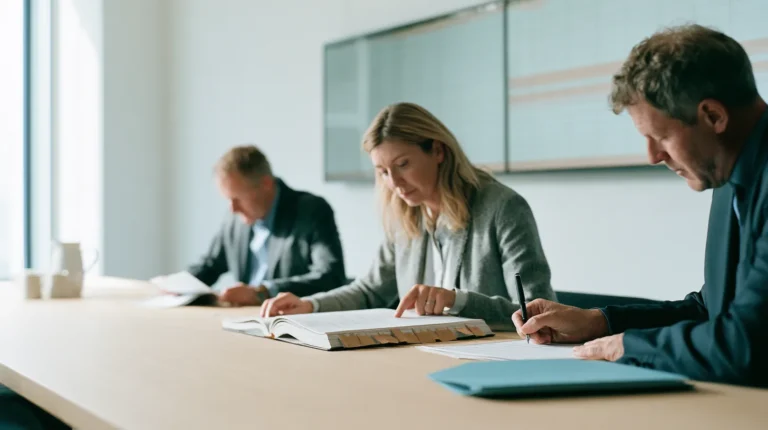 A management board reviewing a tabbed outsourcing contract at a boardroom table with a soft security operations dashboard on the wall screen behind, one member signing the accountability sheet