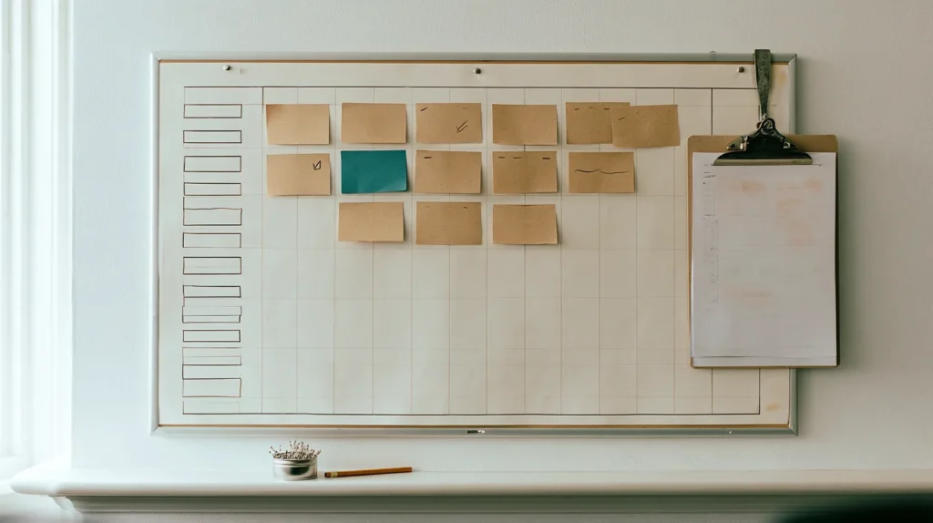 A wall board grid of blank supplier cards pinned against a column of ten ruled measure rows with an audit clipboard hooked beside it, a supplier register held measure by measure