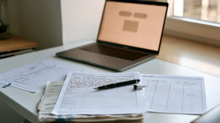 A part filled paper identification form and a size self assessment sheet on a desk beside a laptop showing a plain sign in panel, a company registering with its national cybersecurity authority