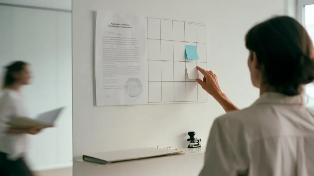 A compliance manager pressing a sticky note onto a wall calendar two rows ahead, beside a stamped registration confirmation pinned to the wall, the change notification deadline that follows registration
