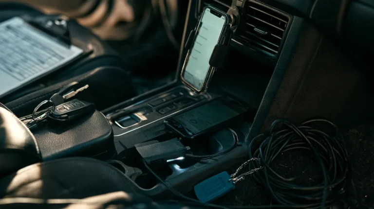 An OBD-II dongle plugged into a car's under-dash diagnostic port, with a phone mount nearby.