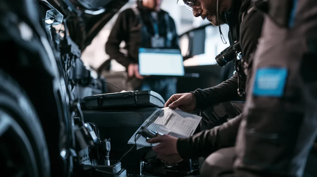A fleet technician inspecting a diagnostic dongle in a vehicle footwell against a printed security checklist.