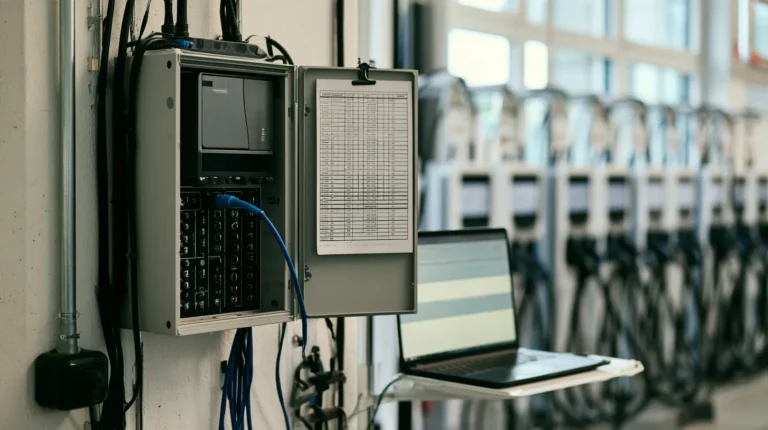 A small server rack with a printed interval schedule in a charging depot, the row of charging stations beyond.