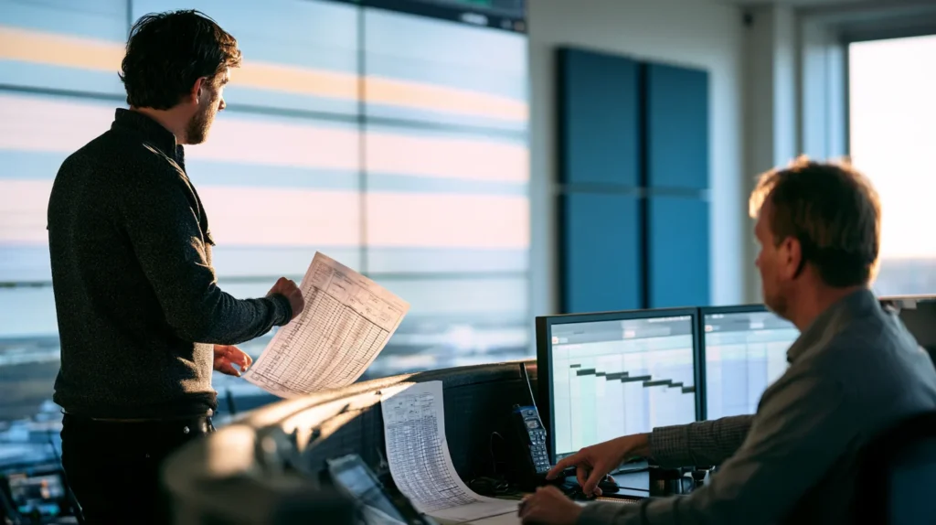 Engineers in a charging operator's control room allocating a printed interval schedule across stations beneath a wall screen of schedule bands.