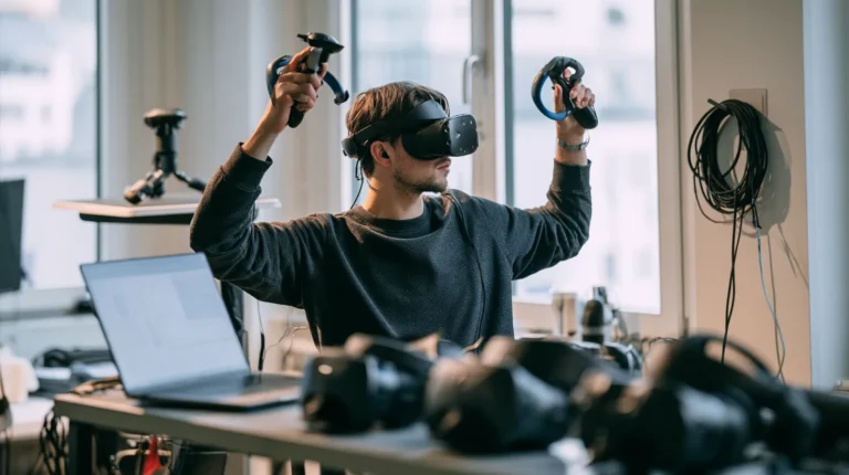 A developer testing a build while wearing one XR headset, with several other headsets from different platforms resting on the bench beside them.