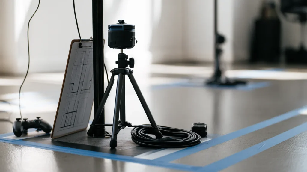 A close-up of a headset's tracking base station beside floor tape marking a calibrated origin point on a lab floor.