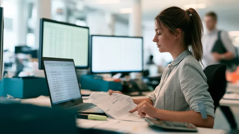 A finance operations analyst comparing a printed bank statement with a laptop's ledger layout in a bright office.