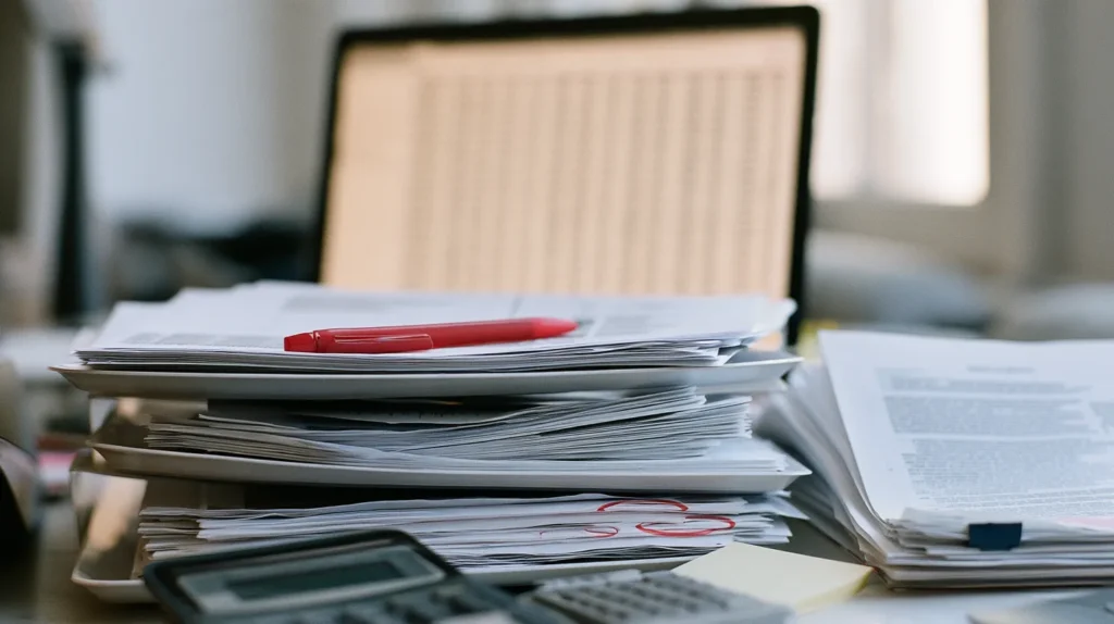Printed reconciliation break reports sorted into separate labeled trays on a finance desk.