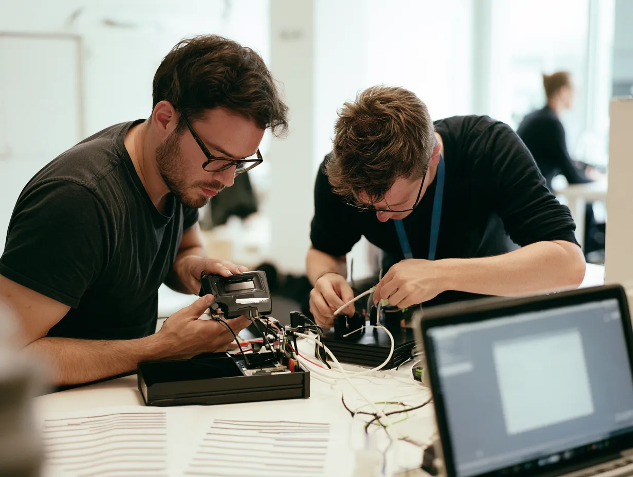 Two engineers wiring a card reader terminal into a shop till during payment gateway integration.
