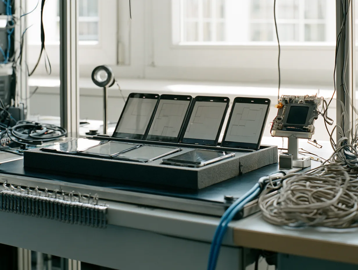 Test handsets beside a contactless reader ring and fingerprint pad on a mobile wallet bench.