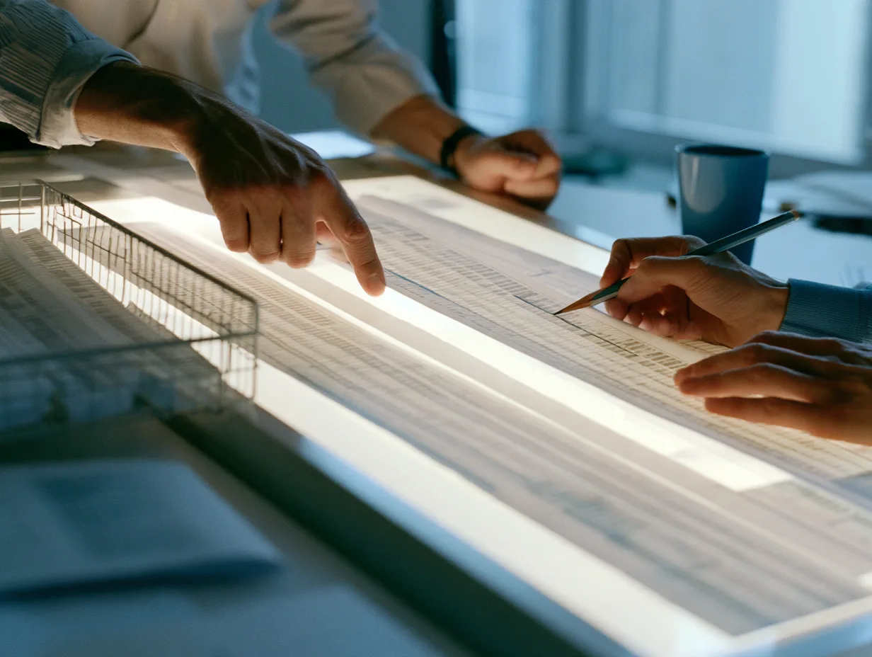 Hands aligning two printed transaction strips on a light table to reconcile payments.
