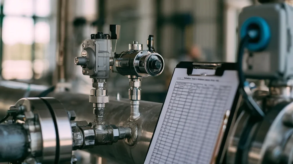 An instrumented pipeline section beside a printed CPM test validation log.