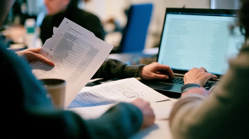 Two engineers comparing two printed synchronization logs to trace a gap in a listing feed's update history.