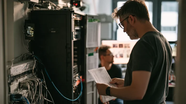 An engineer checking a key rotation log against a printed authorization flow sheet beside a media server rack.