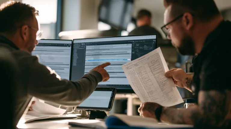 An engineer inspecting decoded consent string fields on a monitor at a desk.
