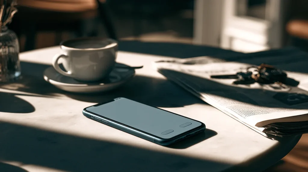 A phone on a cafe table showing a consent banner inside a mobile app.