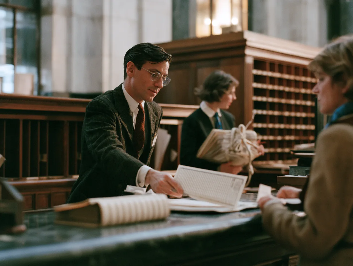 A clerk logging a property deed at a land registry counter, the title behind tokenization.