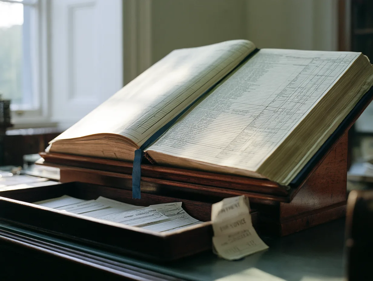 A bound share register open on a lectern above blank subscription forms.
