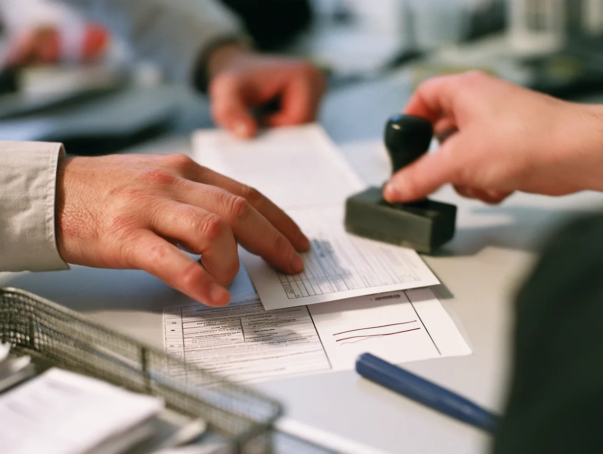 Transfer forms stamped against a restriction list at a transfer agent's desk.