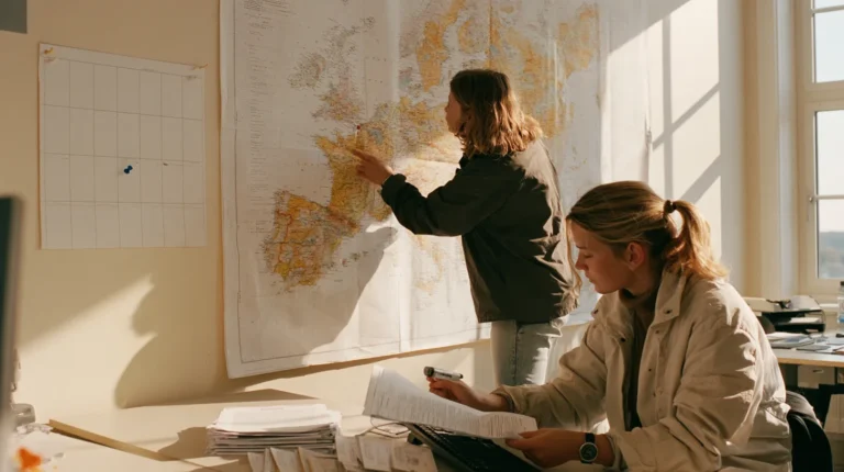 A DMC operations team marking a wall departure calendar while reviewing a paper supplier contract at a desk with a wall map behind, the operational surface a tour operator platform has to encode