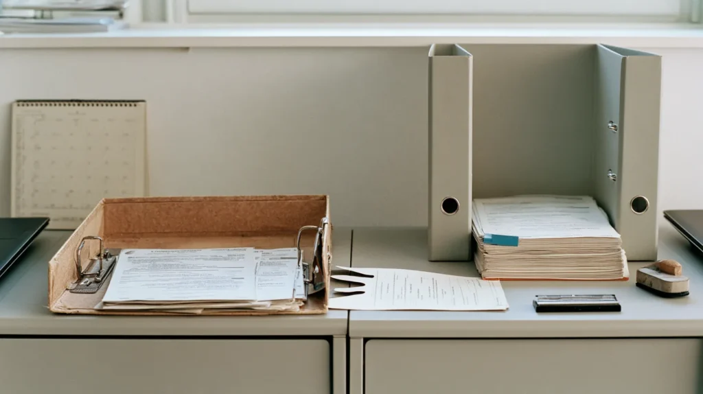 Paper supplier contracts and vouchers being moved from an old binder into a new one in front of a wall departure calendar, the data migration and cutover phase of a tour operator platform switch