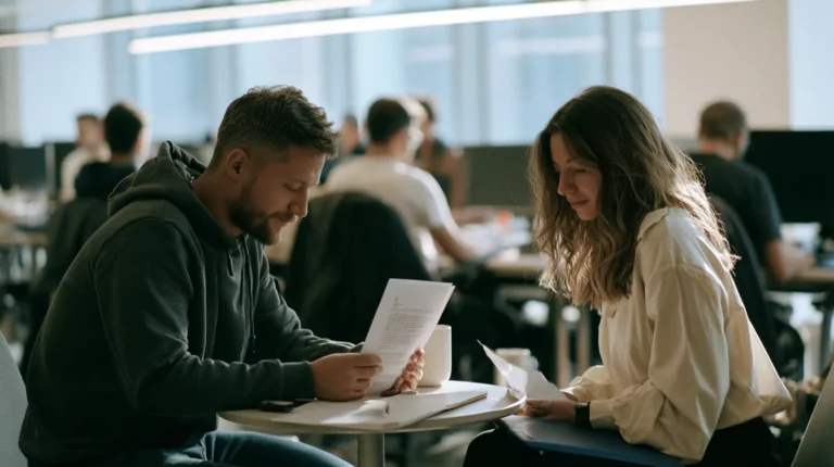 An engineer reading a one-page letter at a small meeting table while an HR colleague waits with a folder of letters and the team works behind them.