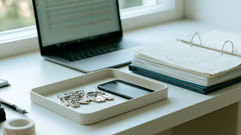 A tray of returned hardware security keys and an on-call phone beside a laptop access list and an open runbook binder with pencil notes.