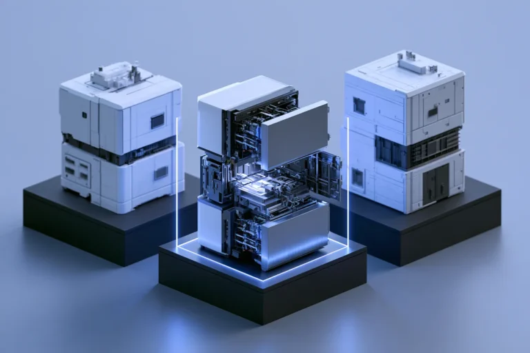 Three modular assemblies with the central unit opened for inspection