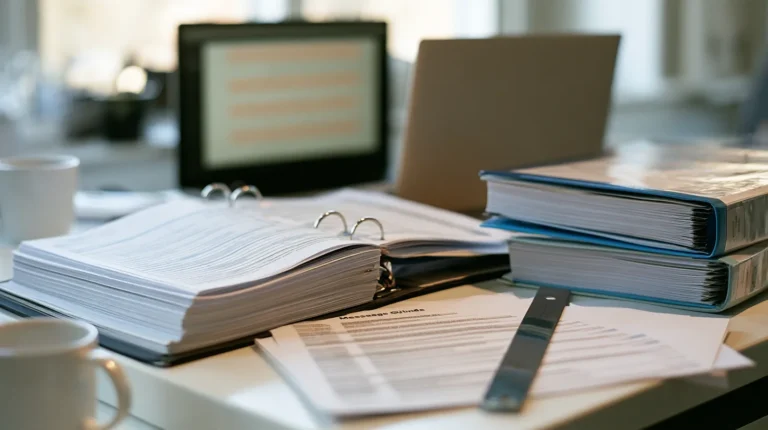 A ring-bound implementation guide open beside two thinner regional guides and a printed message listing with indented lines on an engineer's desk.