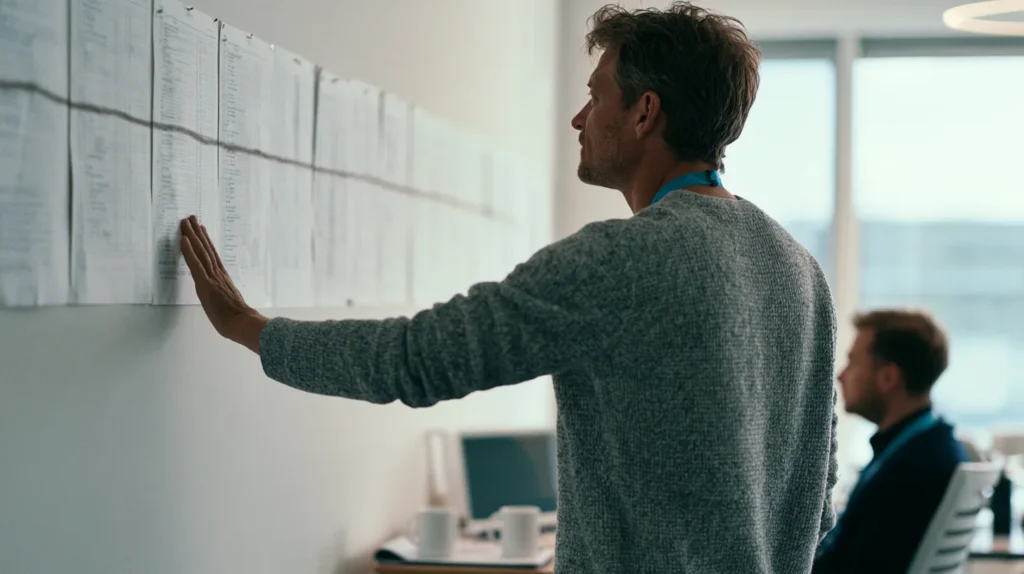 An auditor following a pencil line across a row of printed submission log pages pinned to a project room wall.