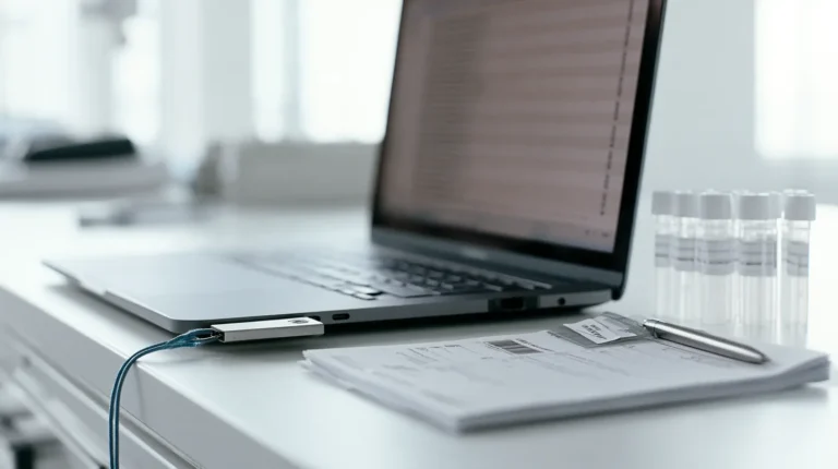 An open laptop showing a list of test rows beside a printed test run record and a hardware security key on a laboratory bench.