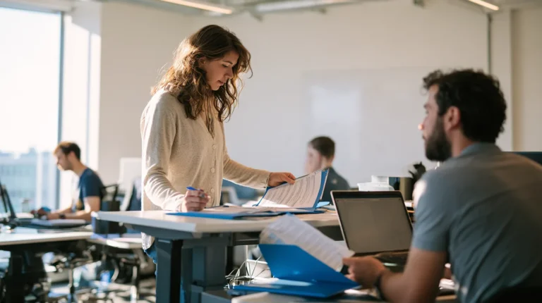 A quality auditor turning the pages of a past project's release record in a software delivery room while a delivery lead holds the folder open.