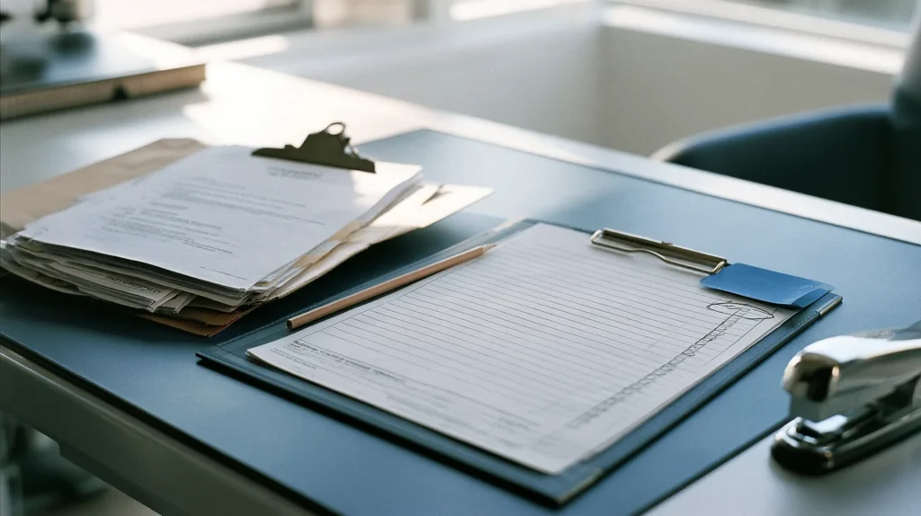 A clipboard with a printed ten-row scoring sheet and one ringed row beside a single supplier's evidence folder on a quality office desk.