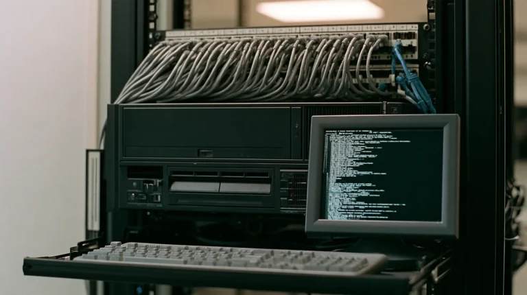 A rack-mounted midrange server with a tape drive, a patch panel of gray cables with one new blue cable and a console showing a fixed-column terminal screen.