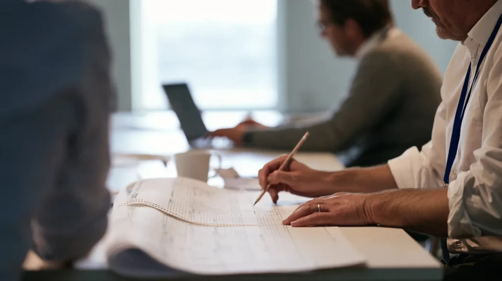An operations analyst bracketing rows of a long fanfold job schedule printout in pencil while an integration engineer types at the end of the table.