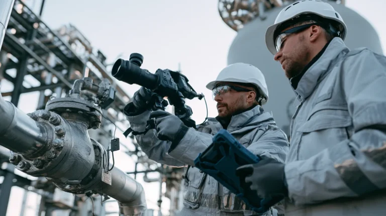 A survey technician aiming a handheld gas imaging camera at a valve on a gas site while a colleague logs the valve's tag plate on a rugged tablet.