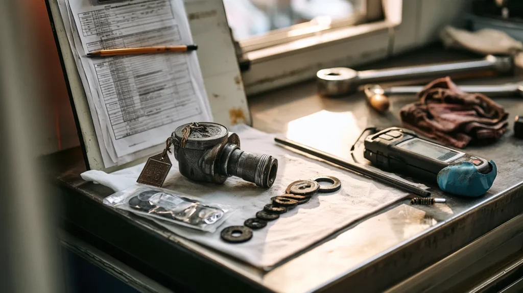 A removed valve bonnet with worn packing rings beside a new packing set, a clipped work order and a handheld gas detector on a workshop bench.