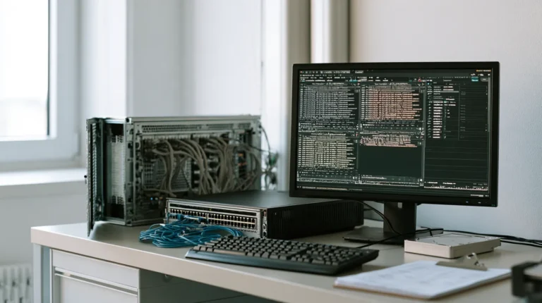 A server test bench with transaction ingestion log panes, a search result list and a load test protocol.