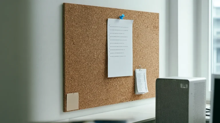 A one-page release manifest of six ticked lines pinned to a cork board above a stapled stack of output samples in a machine learning team area.