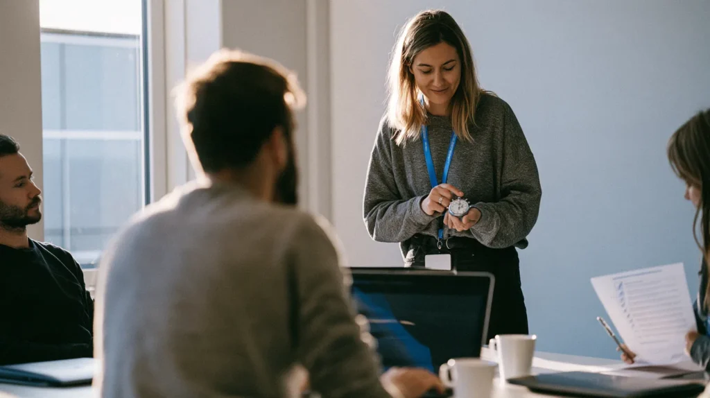 An engineer typing on a laptop while a colleague starts a stopwatch and a third ticks a printed checklist during a rollback rehearsal.