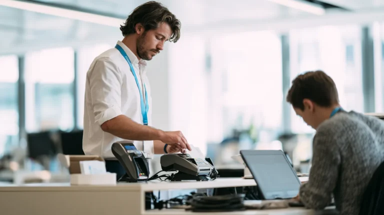 A payments engineer tapping a plain test card on one of two card terminals while a colleague follows the attempt on a laptop in a payments lab.